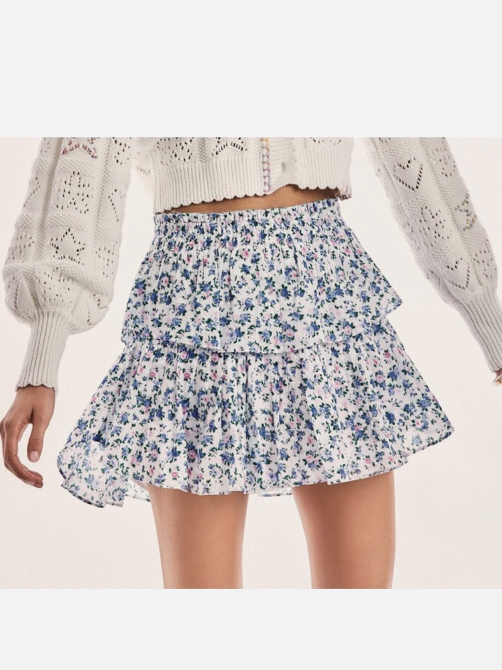 LoveShackFancy White Mini Skirt with Blue and Pink Floral Print